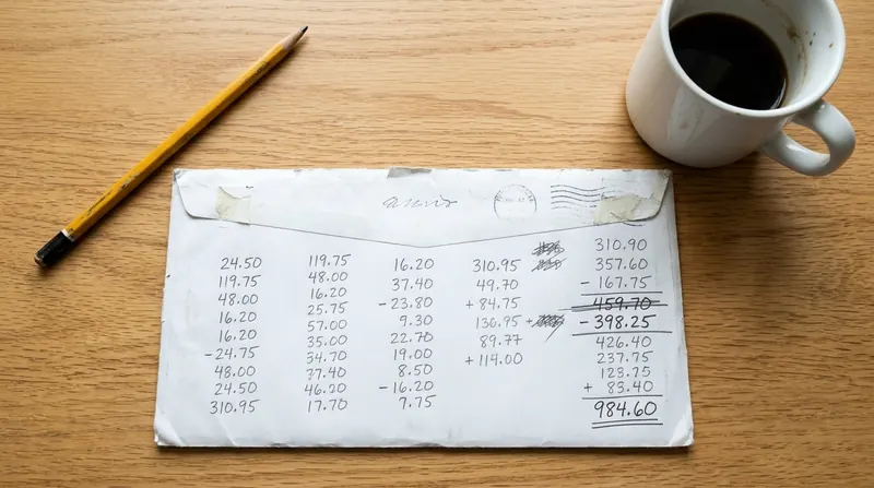 The back of a used envelope covered in pencil arithmetic beside a coffee mug