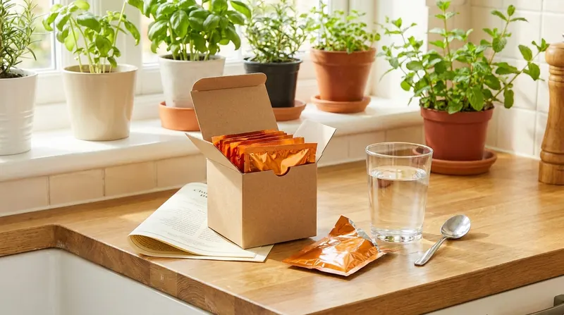 A sunny kitchen counter with an open carton of foil packets, a torn packet and a glass of water
