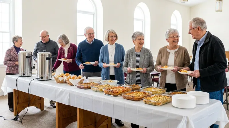 A bright church fellowship hall with coffee urns and a long potluck table