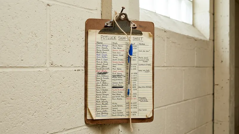 A potluck sign-up sheet on a clipboard hanging on a church basement wall