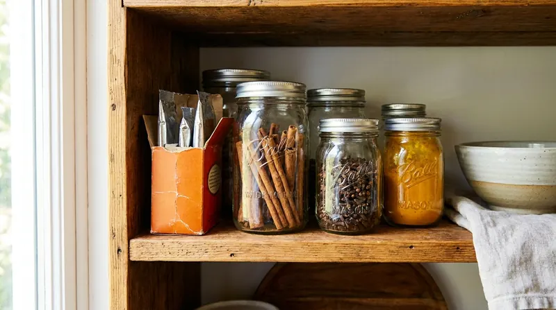 A kitchen shelf of spice jars with a small carton of foil packets among them