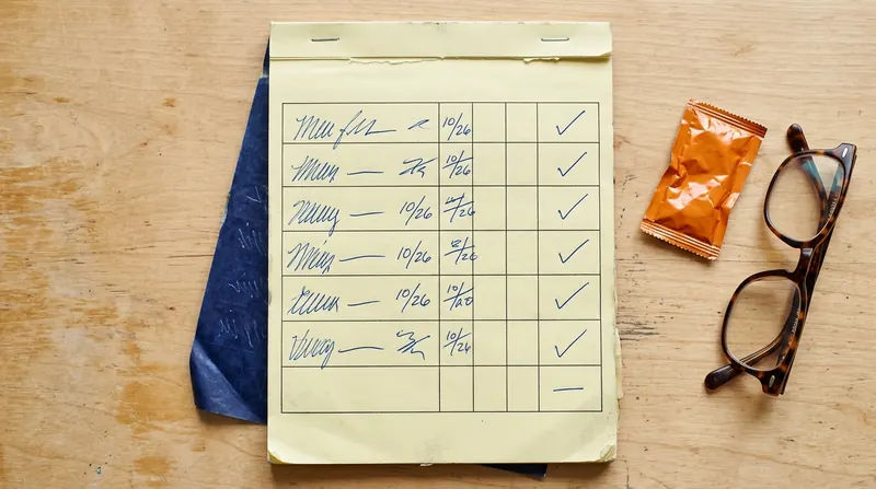 A yellow carbon-copy form pad filled in by hand with a week of check marks beside an orange foil packet