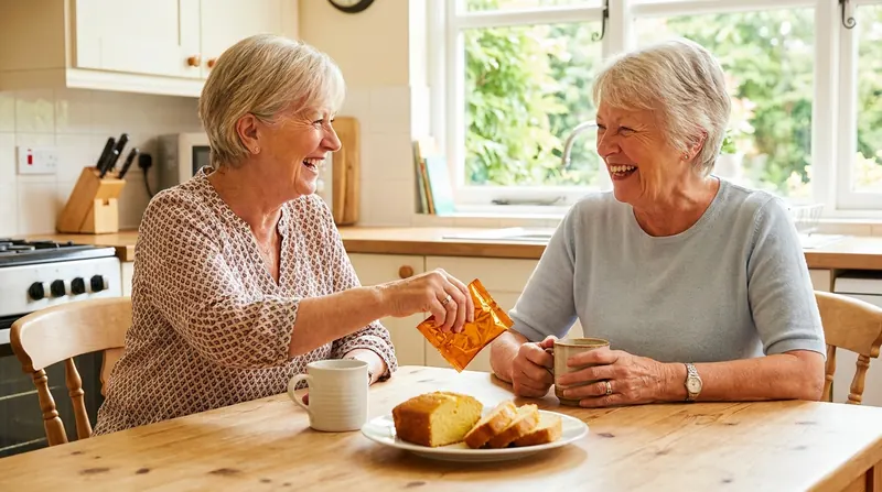 Two women in their seventies laughing over coffee, one sliding a foil packet across the table
