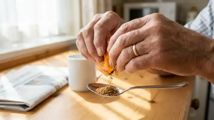 An older woman's hands tearing a small orange foil packet over a breakfast spoon by a bright window