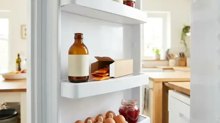 A refrigerator door shelf with an old amber fish oil bottle beside a small carton of orange foil packets
