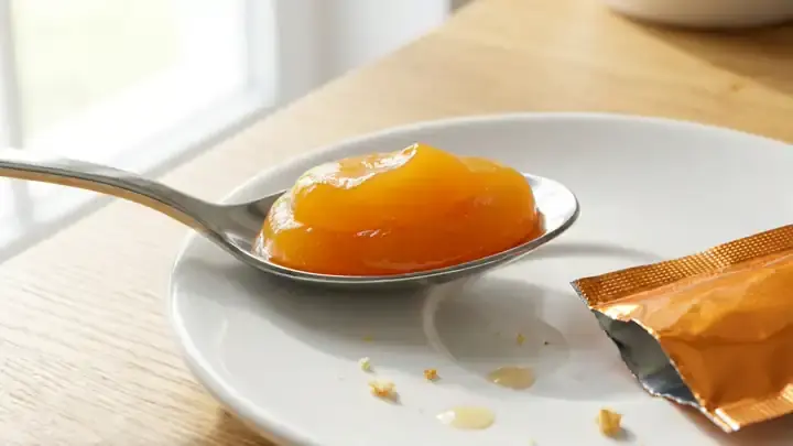 A teaspoon holding thick orange cream squeezed from a torn foil packet