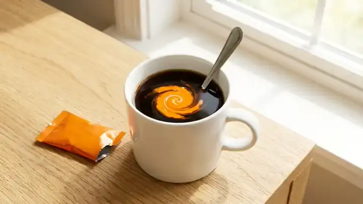 A white mug of black coffee with a swirl of orange cream being stirred in