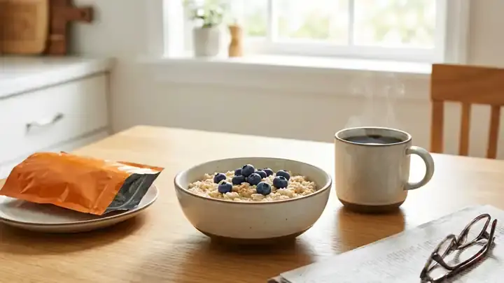 A sunny breakfast table with oatmeal, coffee and one torn foil packet by the plate