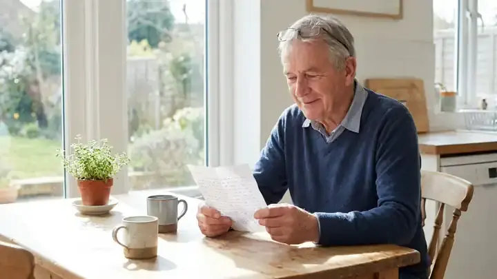An older man reading a handwritten letter at a sunny kitchen table with two mugs